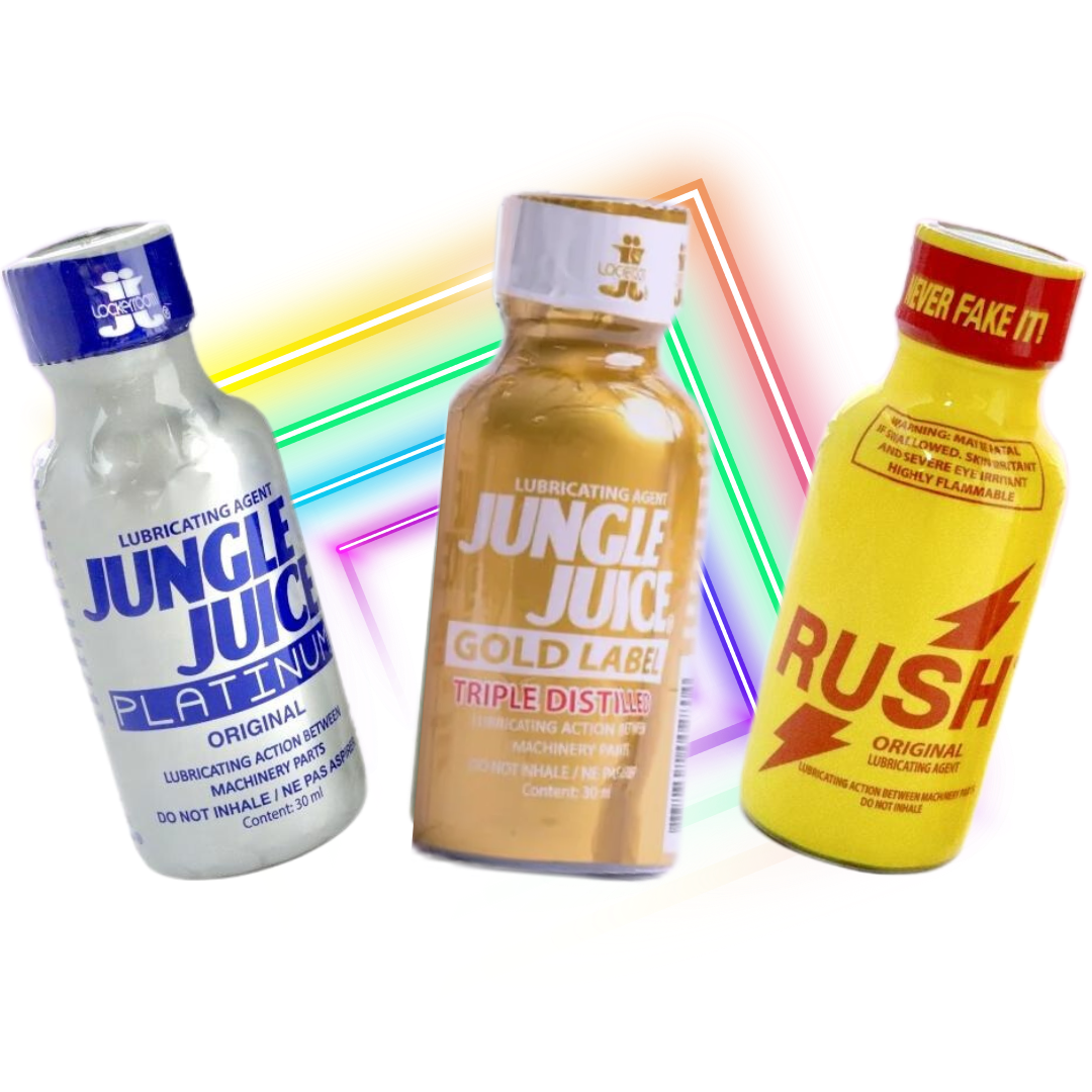 Jungle Juice Platinum, Jungle Juice Gold Label and Rush bottles under neon lights