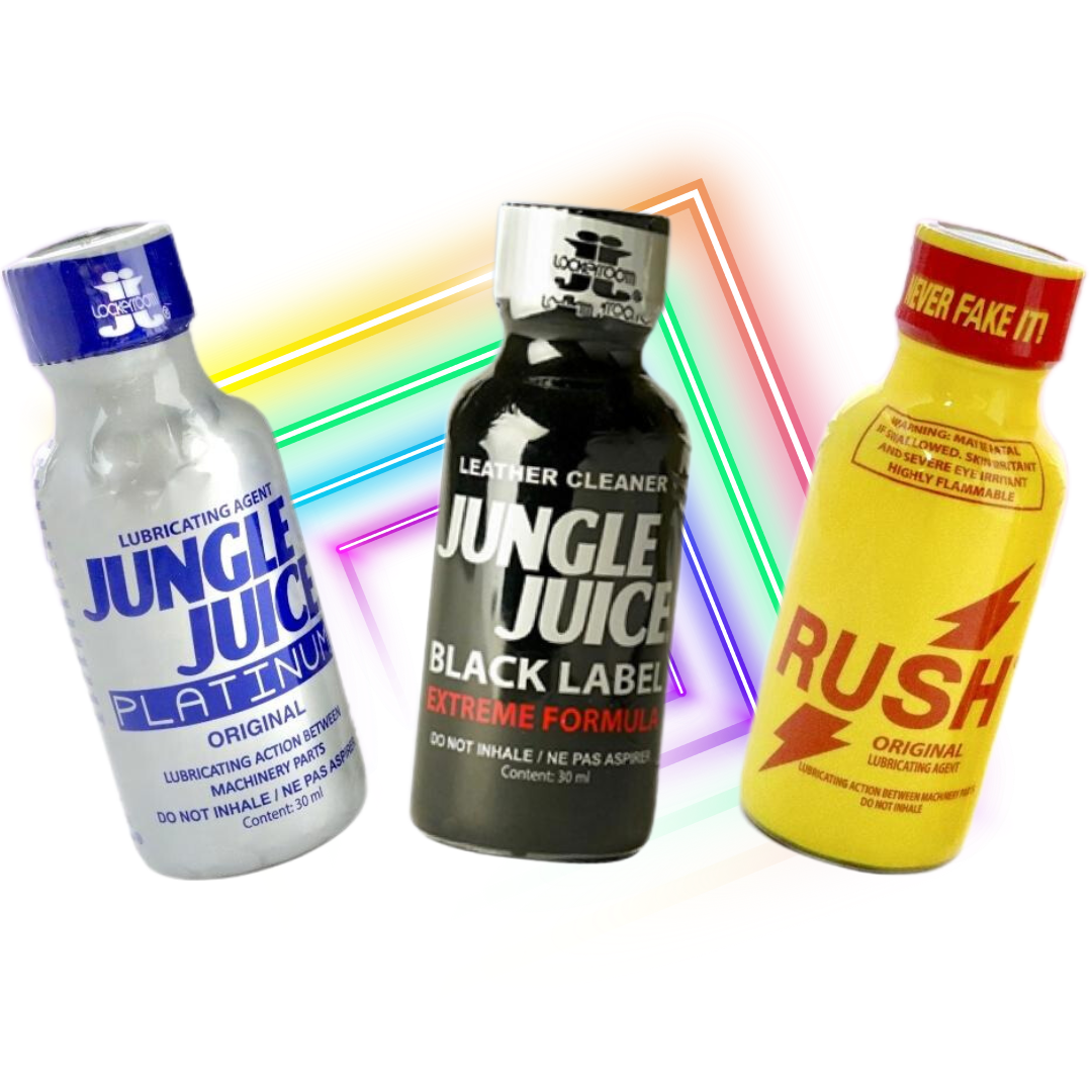 Jungle Juice Platinum, Jungle Juice Black Label and Rush bottles under neon lights